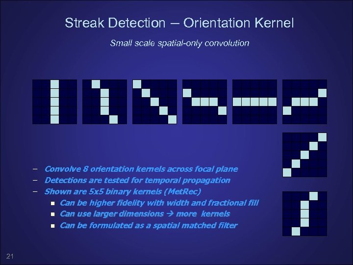 Streak Detection – Orientation Kernel Small scale spatial-only convolution – – – 21 Convolve