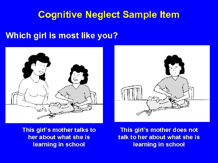 Cognitive Neglect Sample Item Which girl is most like you? This girl’s mother talks