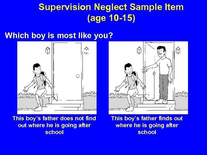 Supervision Neglect Sample Item (age 10 -15) Which boy is most like you? This