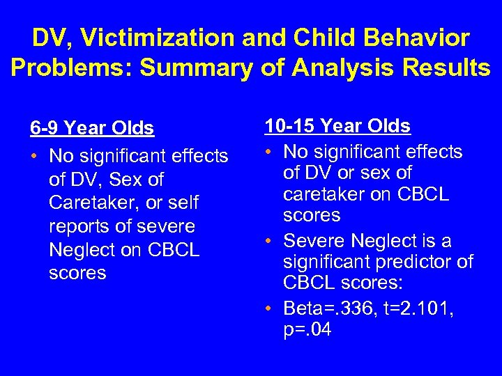 DV, Victimization and Child Behavior Problems: Summary of Analysis Results 6 -9 Year Olds