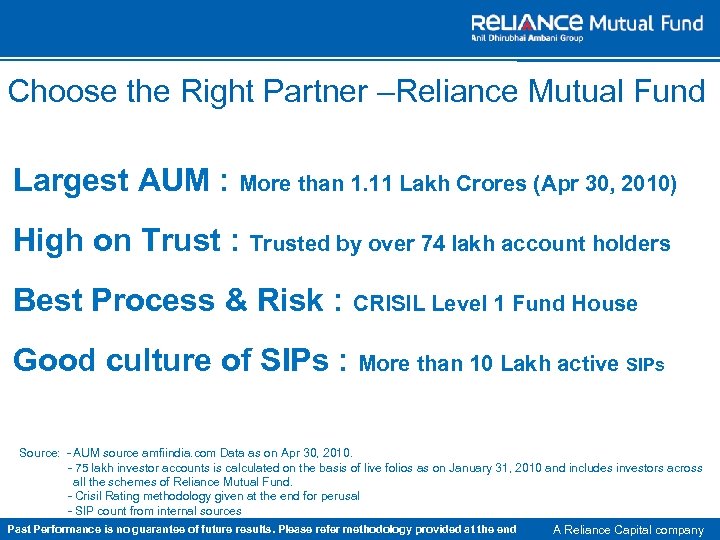 Choose the Right Partner –Reliance Mutual Fund Largest AUM : More than 1. 11