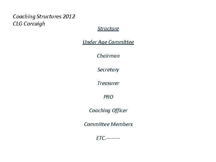 Coaching Structures 2012 CLG Corcaigh Structure Under Age Committee Chairman Secretary Treasurer PRO Coaching