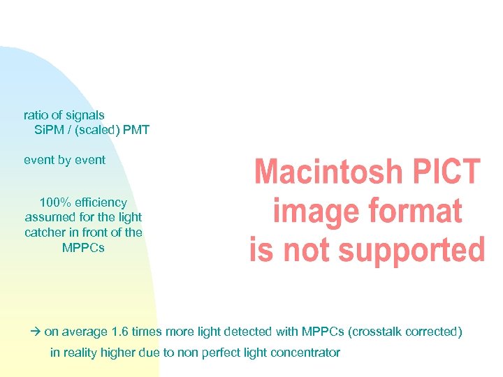 ratio of signals Si. PM / (scaled) PMT event by event 100% efficiency assumed