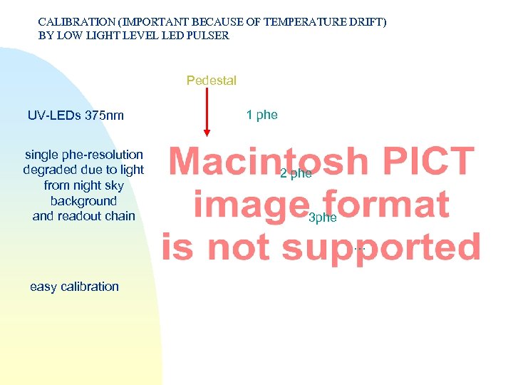 CALIBRATION (IMPORTANT BECAUSE OF TEMPERATURE DRIFT) BY LOW LIGHT LEVEL LED PULSER Pedestal UV-LEDs