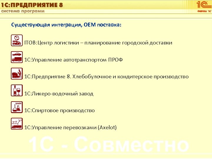 1 С: Управление автотранспортом Существующая интеграция, ОЕМ поставка: ITOB: Центр логистики – планирование городской