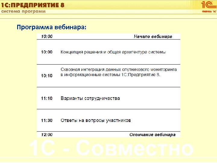 1 С: Управление автотранспортом Программа вебинара: Слайд 2 из [60] 