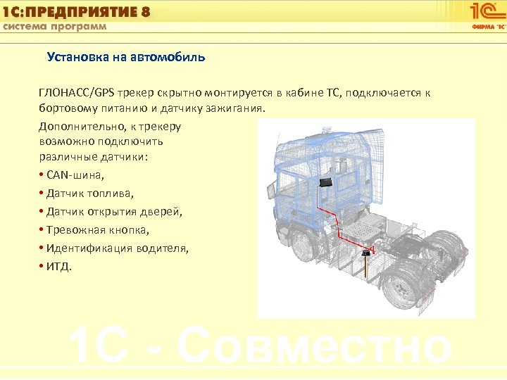 1 С: Управление автотранспортом Установка на автомобиль ГЛОНАСС/GPS трекер скрытно монтируется в кабине ТС,