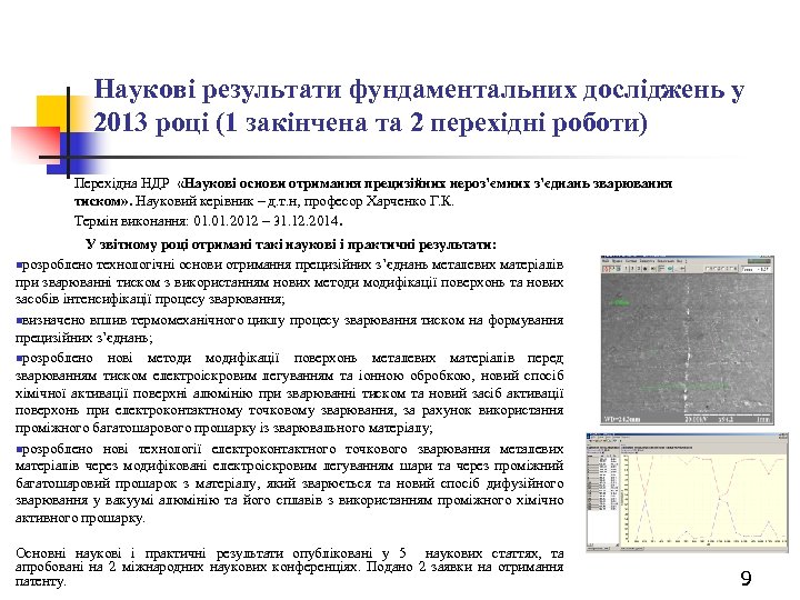 Наукові результати фундаментальних досліджень у 2013 році (1 закінчена та 2 перехідні роботи) Перехідна