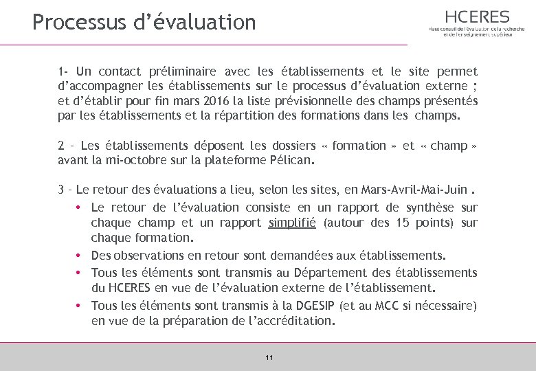 Processus d’évaluation 1 - Un contact préliminaire avec les établissements et le site permet