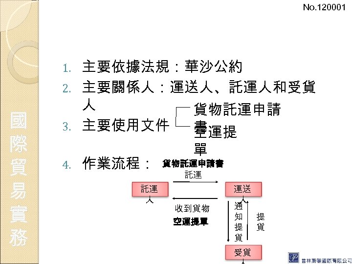 No. 120001 主要依據法規：華沙公約 2. 主要關係人：運送人、託運人和受貨 人 貨物託運申請 3. 主要使用文件 書 空運提 1. 國 際