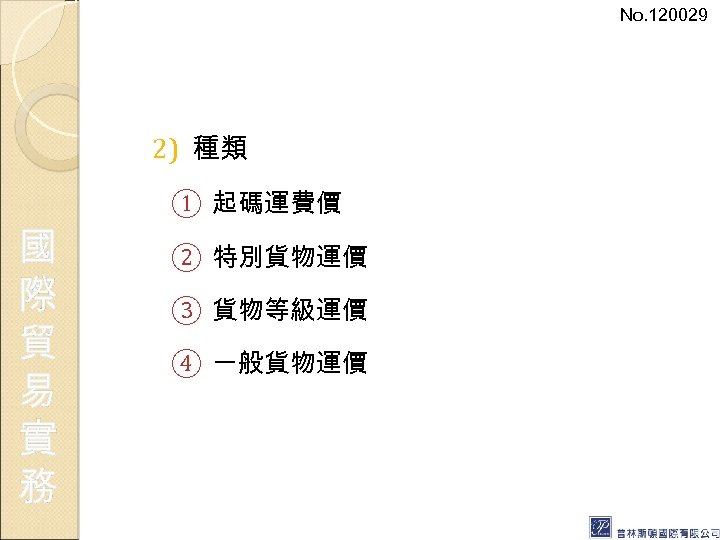 No. 120029 2) 種類 國 際 貿 易 實 務 ① 起碼運費價 ② 特別貨物運價