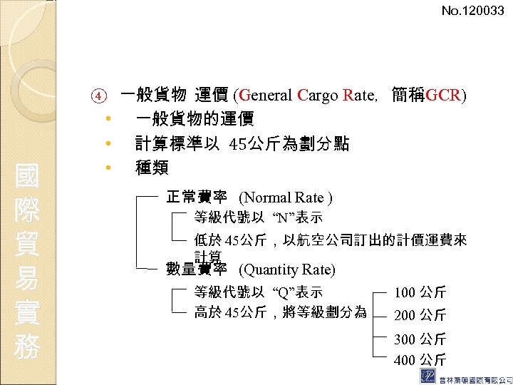 No. 120033 一般貨物 運價 (General Cargo Rate，簡稱GCR) • 一般貨物的運價 • 計算標準以 45公斤為劃分點 • 種類