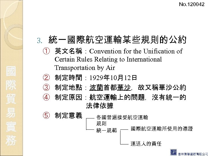 No. 120042 3. 國 際 貿 易 實 務 統一國際航空運輸某些規則的公約 ① 英文名稱：Convention for the