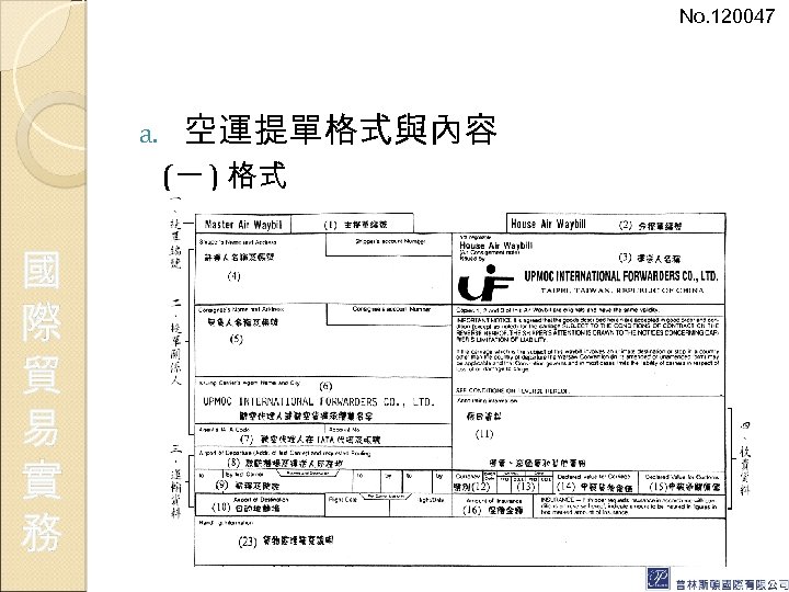 No. 120047 a. 空運提單格式與內容 (一 ) 格式 國 際 貿 易 實 務 