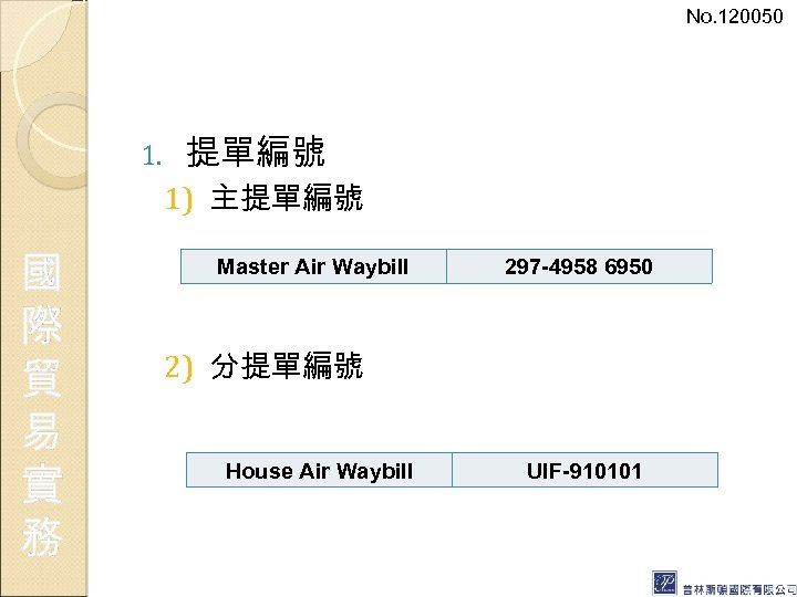 No. 120050 1. 提單編號 1) 主提單編號 國 際 貿 易 實 務 Master Air