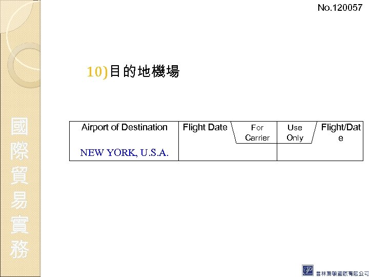 No. 120057 10)目的地機場 國 際 貿 易 實 務 Airport of Destination NEW YORK,