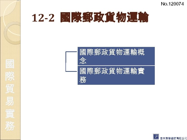 No. 120074 12 -2 國際郵政貨物運輸 國 際 貿 易 實 務 國際郵政貨物運輸概 念 國際郵政貨物運輸實