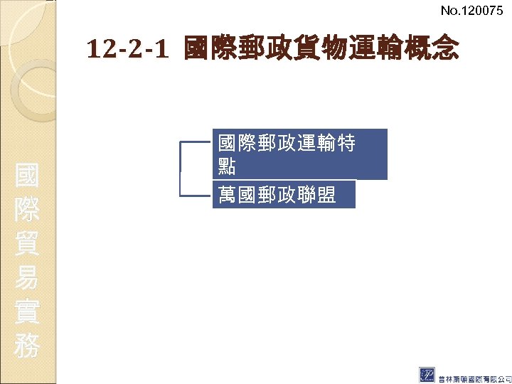 No. 120075 12 -2 -1 國際郵政貨物運輸概念 國 際 貿 易 實 務 國際郵政運輸特 點