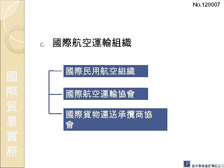 No. 120007 c. 國 際 貿 易 實 務 國際航空運輸組織 國際民用航空組織 國際航空運輸協會 國際貨物運送承攬商協 會