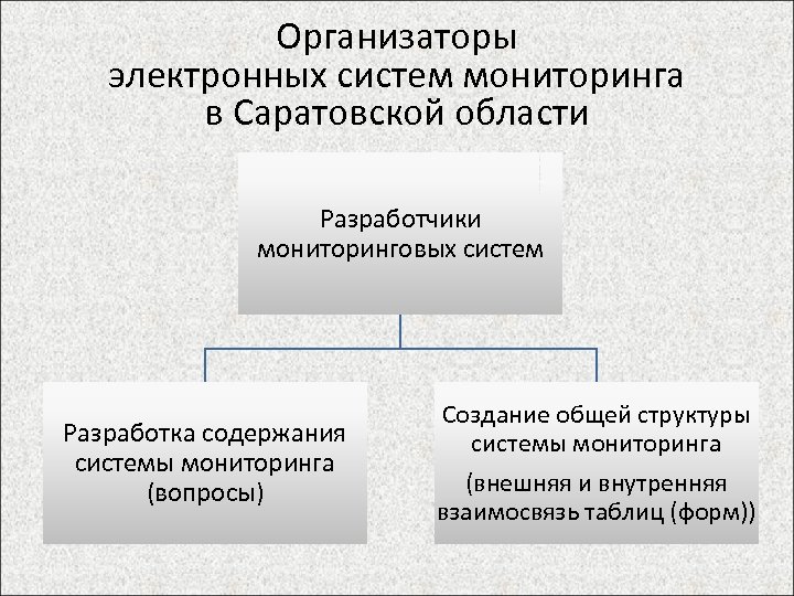 Организаторы электронных систем мониторинга в Саратовской области Разработчики мониторинговых систем Разработка содержания системы мониторинга