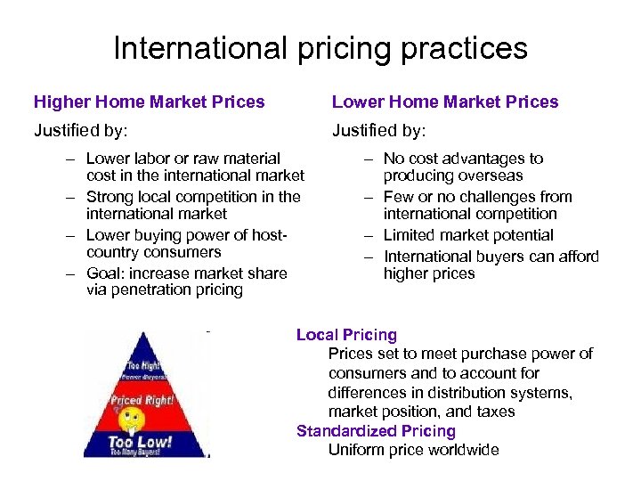 International pricing practices Higher Home Market Prices Lower Home Market Prices Justified by: –