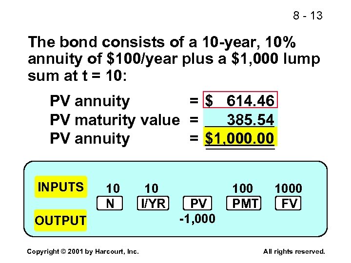 8 - 13 The bond consists of a 10 -year, 10% annuity of $100/year