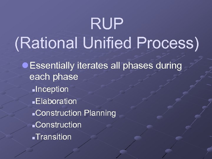 RUP (Rational Unified Process) l Essentially iterates all phases during each phase Inception n.