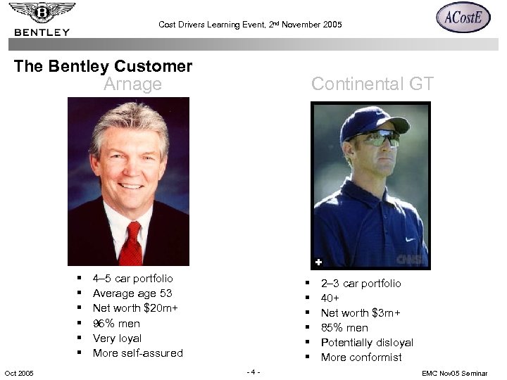 Cost Drivers Learning Event, 2 nd November 2005 The Bentley Customer Arnage § §