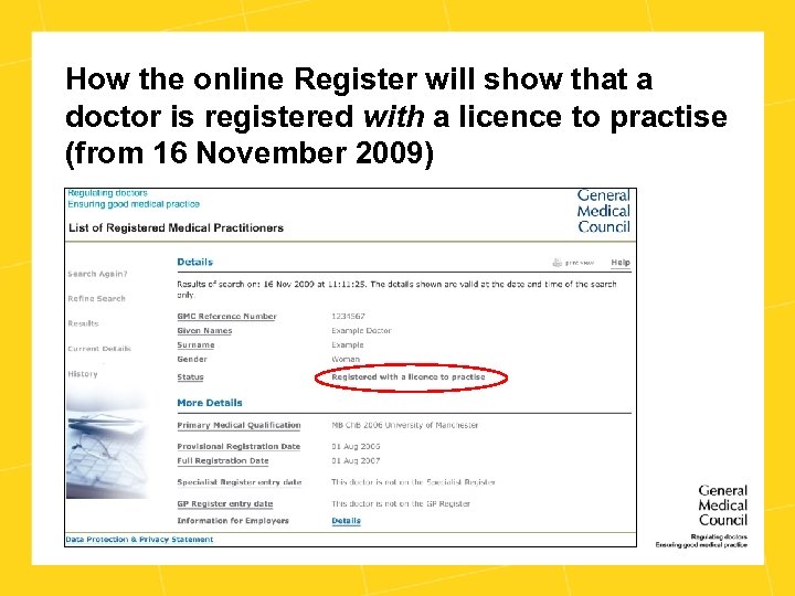 How the online Register will show that a doctor is registered with a licence