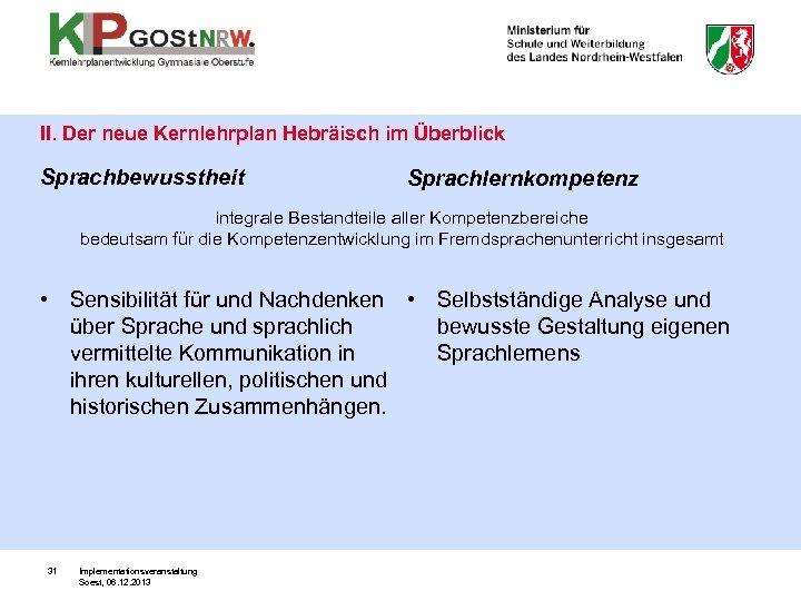 II. Der neue Kernlehrplan Hebräisch im Überblick Sprachbewusstheit Sprachlernkompetenz integrale Bestandteile aller Kompetenzbereiche bedeutsam