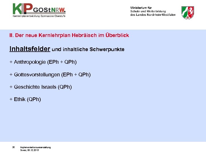 II. Der neue Kernlehrplan Hebräisch im Überblick Inhaltsfelder und inhaltliche Schwerpunkte + Anthropologie (EPh