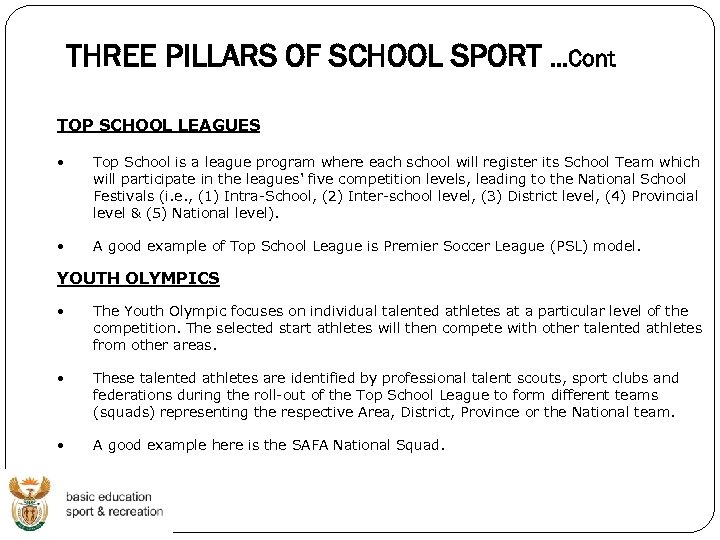 THREE PILLARS OF SCHOOL SPORT …Cont TOP SCHOOL LEAGUES • Top School is a