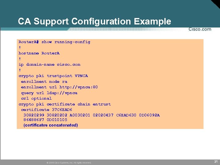 CA Support Configuration Example Router. A# show running-config ! hostname Router. A ! ip