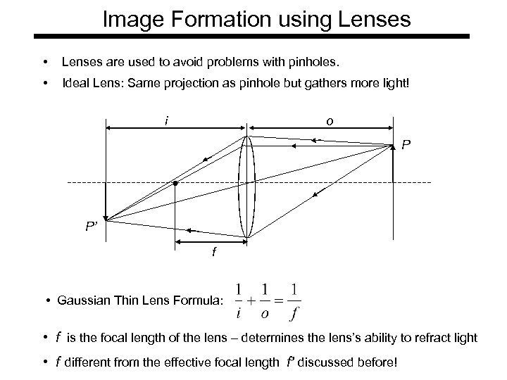 Image Formation using Lenses • Lenses are used to avoid problems with pinholes. •