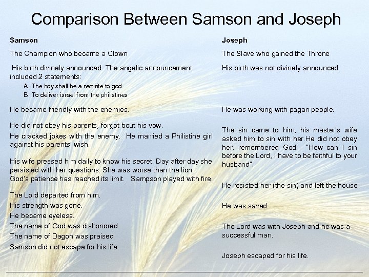 Comparison Between Samson and Joseph Samson Joseph The Champion who became a Clown The