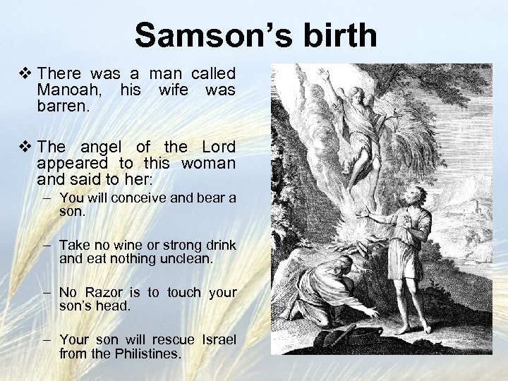 Samson’s birth v There was a man called Manoah, his wife was barren. v