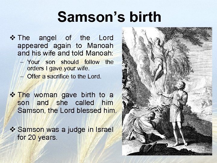 Samson’s birth v The angel of the Lord appeared again to Manoah and his