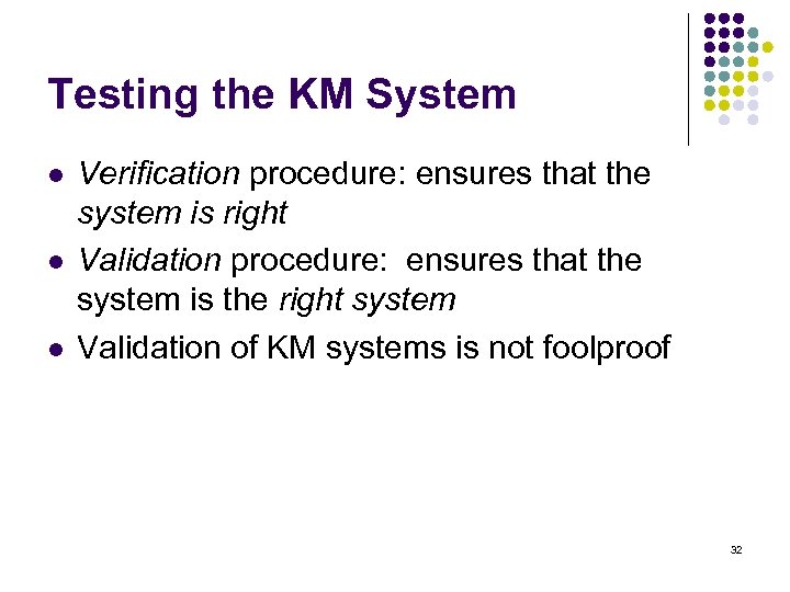 Testing the KM System l l l Verification procedure: ensures that the system is