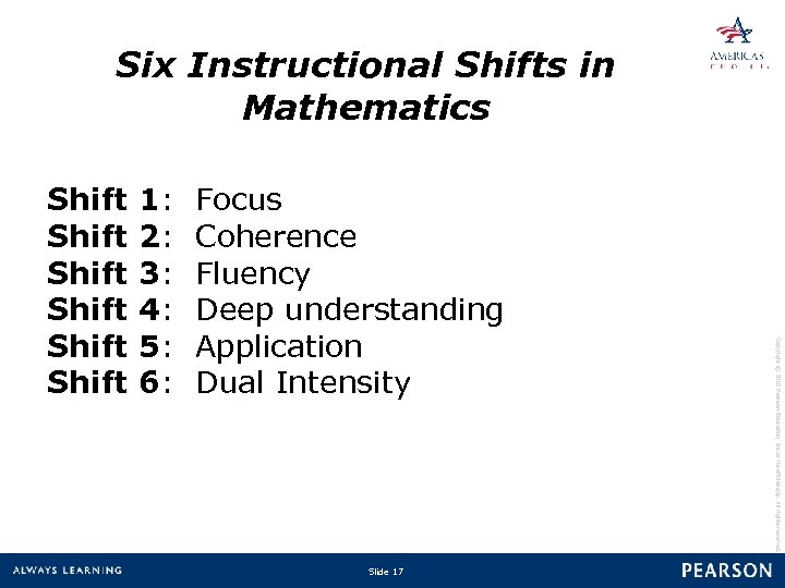 Six Instructional Shifts in Mathematics 1: 2: 3: 4: 5: 6: Focus Coherence Fluency