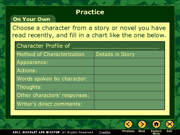 Practice On Your Own Choose a character from a story or novel you have