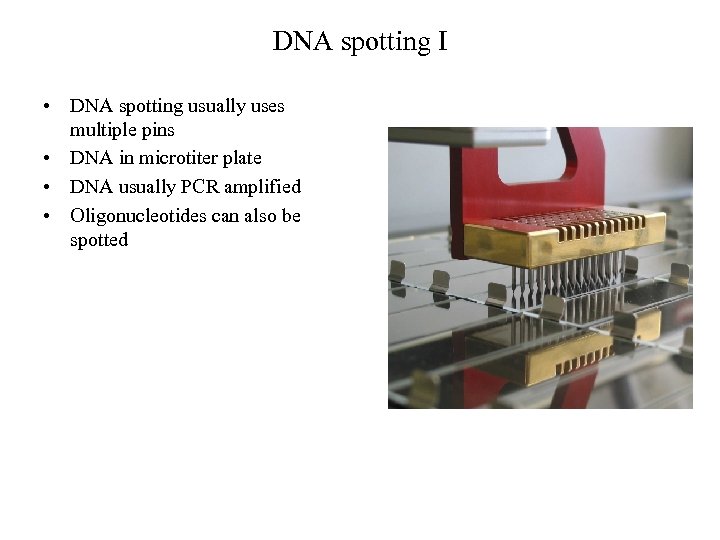 DNA spotting I • DNA spotting usually uses multiple pins • DNA in microtiter