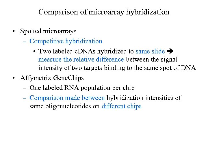 Comparison of microarray hybridization • Spotted microarrays – Competitive hybridization • Two labeled c.