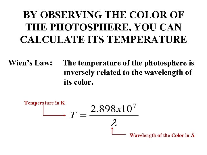 BY OBSERVING THE COLOR OF THE PHOTOSPHERE, YOU CAN CALCULATE ITS TEMPERATURE Wien’s Law: