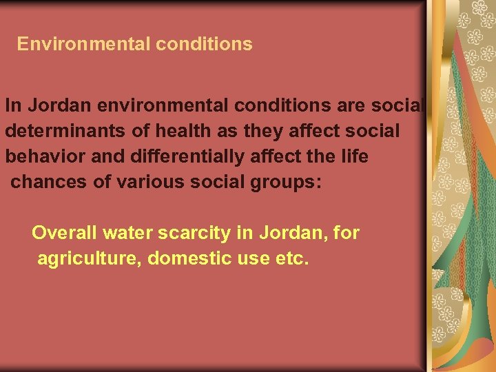 Environmental conditions In Jordan environmental conditions are social determinants of health as they affect
