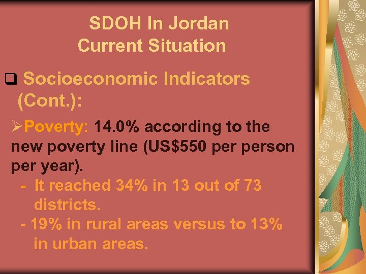 SDOH In Jordan Current Situation q Socioeconomic Indicators (Cont. ): ØPoverty: 14. 0% according