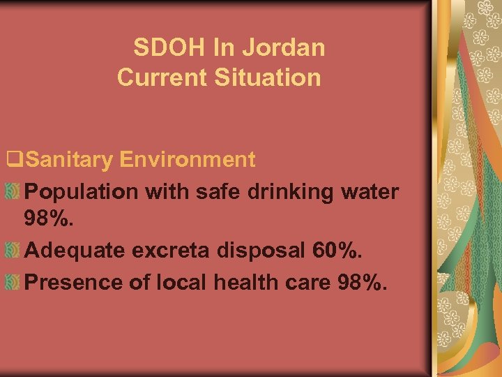 SDOH In Jordan Current Situation q. Sanitary Environment Population with safe drinking water 98%.