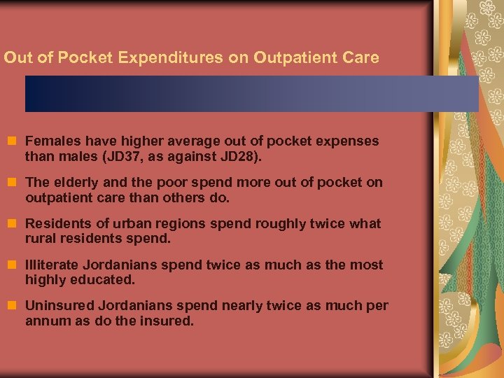 Out of Pocket Expenditures on Outpatient Care n Females have higher average out of