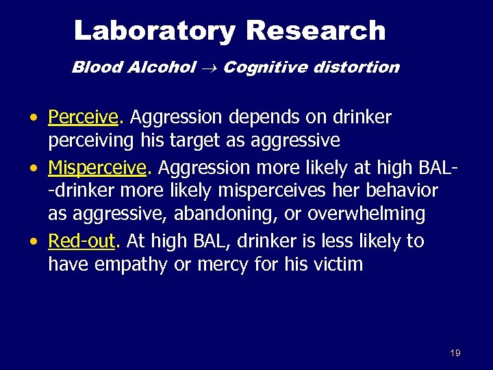 Laboratory Research Blood Alcohol Cognitive distortion • Perceive. Aggression depends on drinker perceiving his