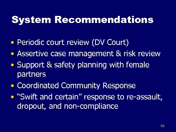 System Recommendations • Periodic court review (DV Court) • Assertive case management & risk