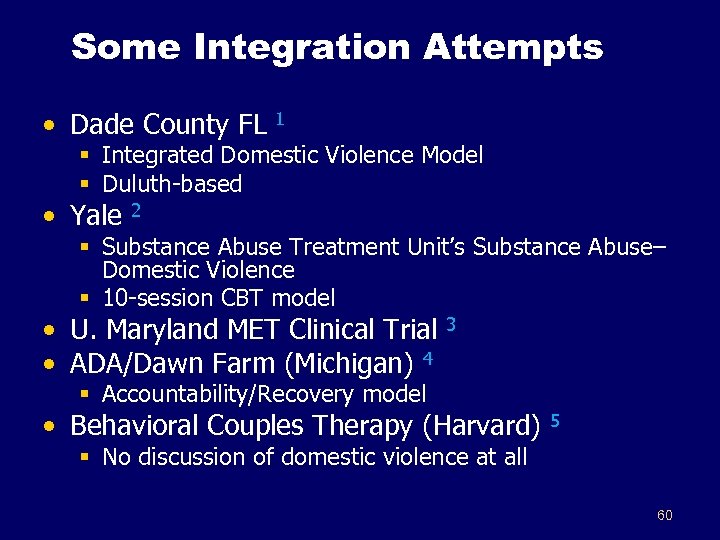 Some Integration Attempts • Dade County FL 1 § Integrated Domestic Violence Model §